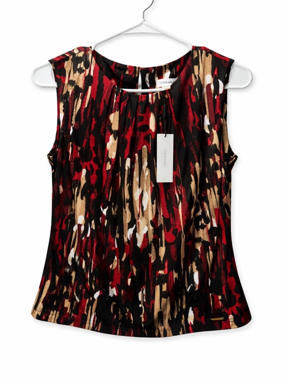 Calvin Klein Red Black Tan Abstract Print Sleeveless Camisole Top